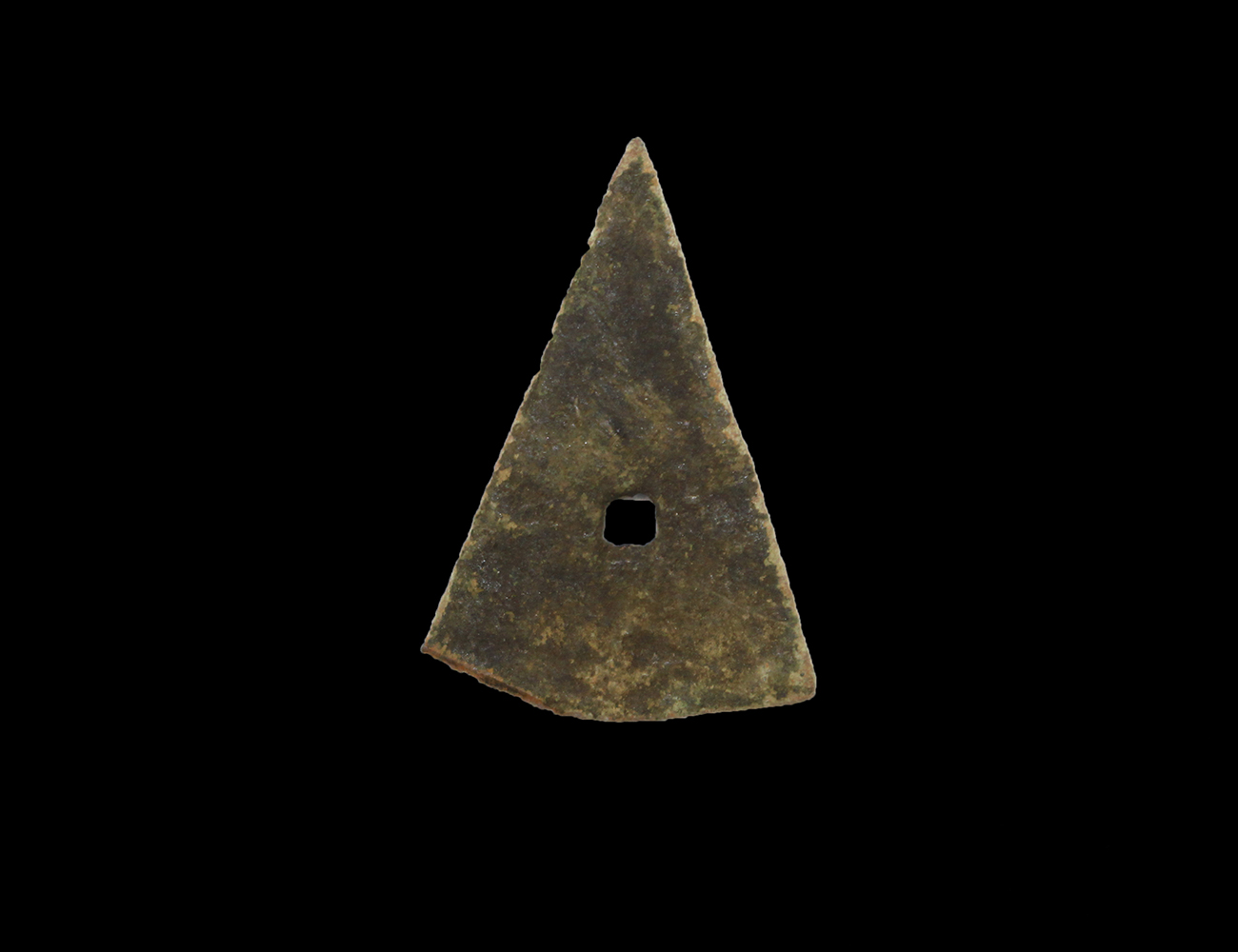 Triangular copper point with a crude square hole punched through it's middle.