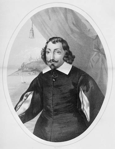 Black and white etching of Samuel de Champlain in an oval shaped medaliion. In the background a coastal scene with a fort, houses and a sailboat