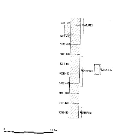 Black and White drawing of a single trench. Noted are the four major feautres found in 1965.