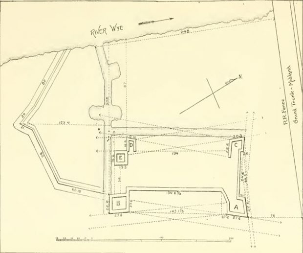 An early map that depicts Ste Marie I Fortifications as known at the turn of the 20th century. The fort is rectangular with towers at its four corners, it is protected in one end by the river and on the other end by fortification towers.