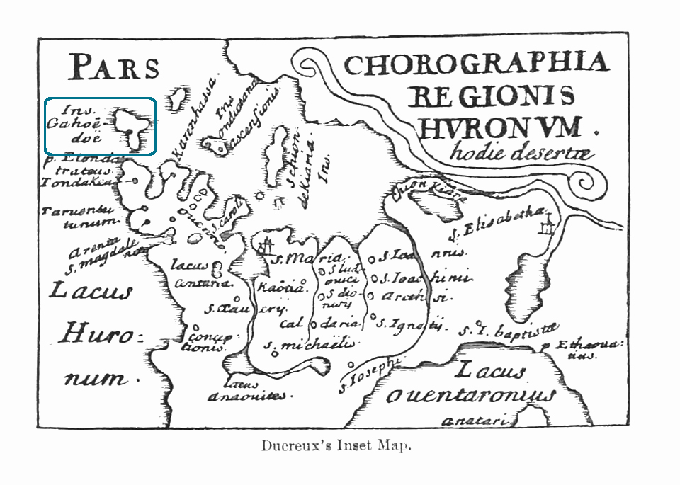 Map of Huronia with Christian Island, labelled as Gahoendoe highlighed in blue.