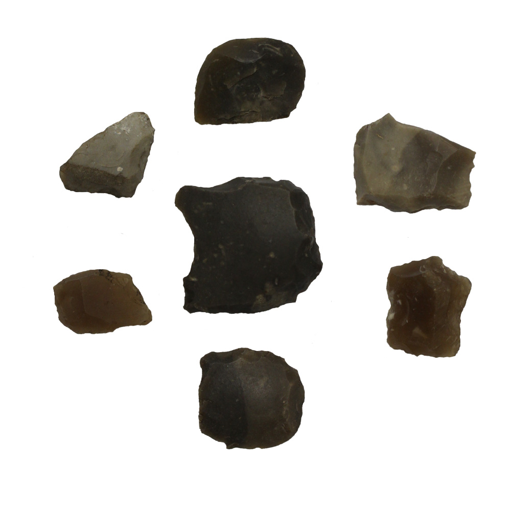 Seven small flint stones varying in shape and greysih black colour. Jagged edges show wear.