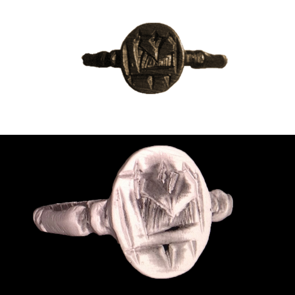 Jesuit L-Heart ring shown as an image then below as a MicroCT scan in hues of white/grey