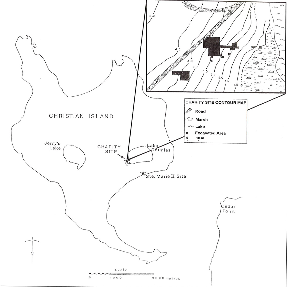 Handdrawn map showing Charity site in relation to Christian Island with a zoomed in bubble showing a map of the excavation