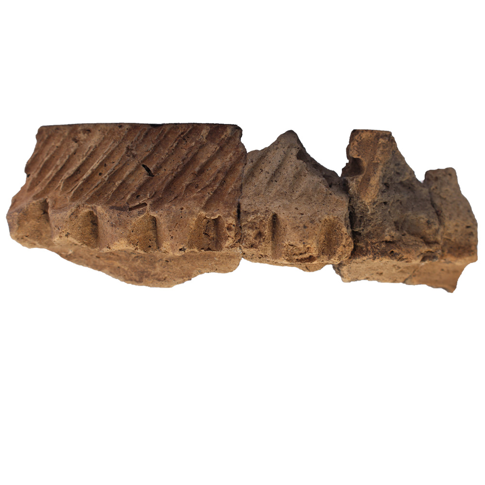 Partially reconstructed rim sherd, reddish brown, with 5 knobs in a row underneath a wide row of diagonal lines.