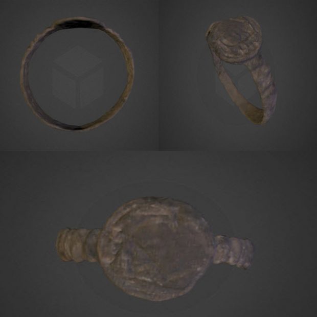 Three darkish image stills of a 3-d video showing multiple sides of the Jesuit Ring