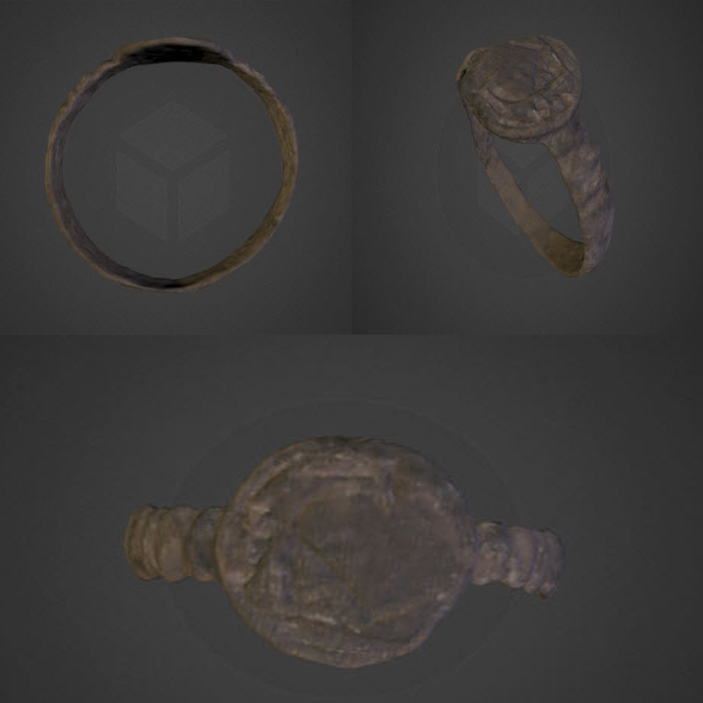 Three darkish image stills of a 3-d video showing multiple sides of the Jesuit Ring