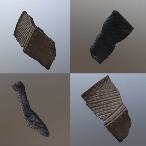 Four views of a 3d scanned pottery fragment showing all sides of the piece.