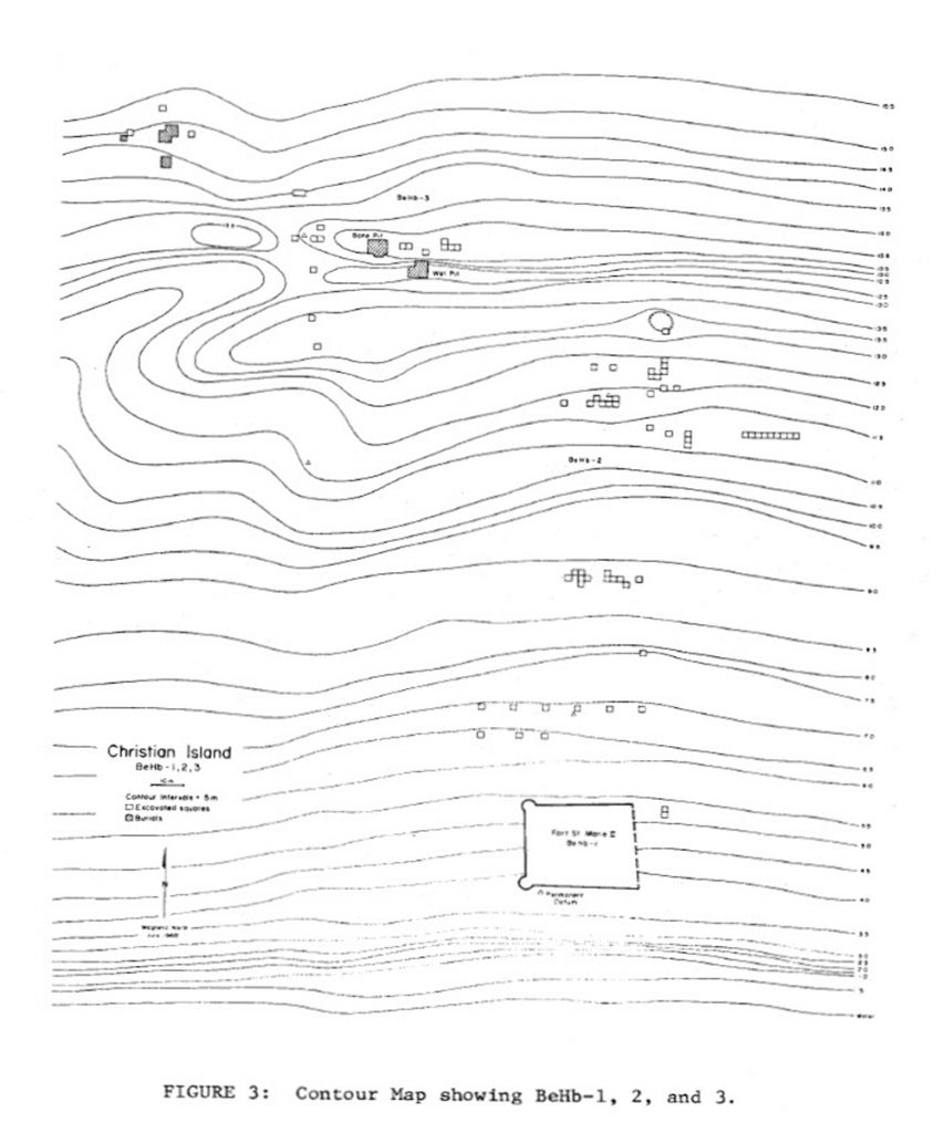 Carte d’isolignes montrant l’emplacement des sites et des fouilles sur l’Île aux Chrétiens. 