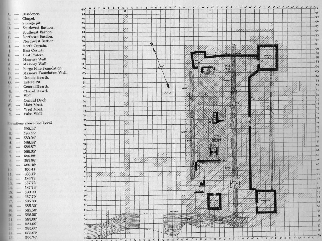 Un dessin informatisé des premières fouilles à Sainte- Marie I qui montre le pourtour presque complet du fort et de ses composantes..Dessin assisté par ordinateur des premières fouilles du Fort de Ste. Marie I. Il offre une vision presque complète du fort et des structures associées.