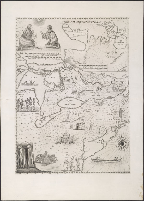 Carte manuscrite dans les tons sepia qui détaille les différentes nations ayant colonisé la région des Grands Lacs en 1657. Elle comprend également une représentation de ces populations au travers d’une illustration figurant deux individus assis face à face. 