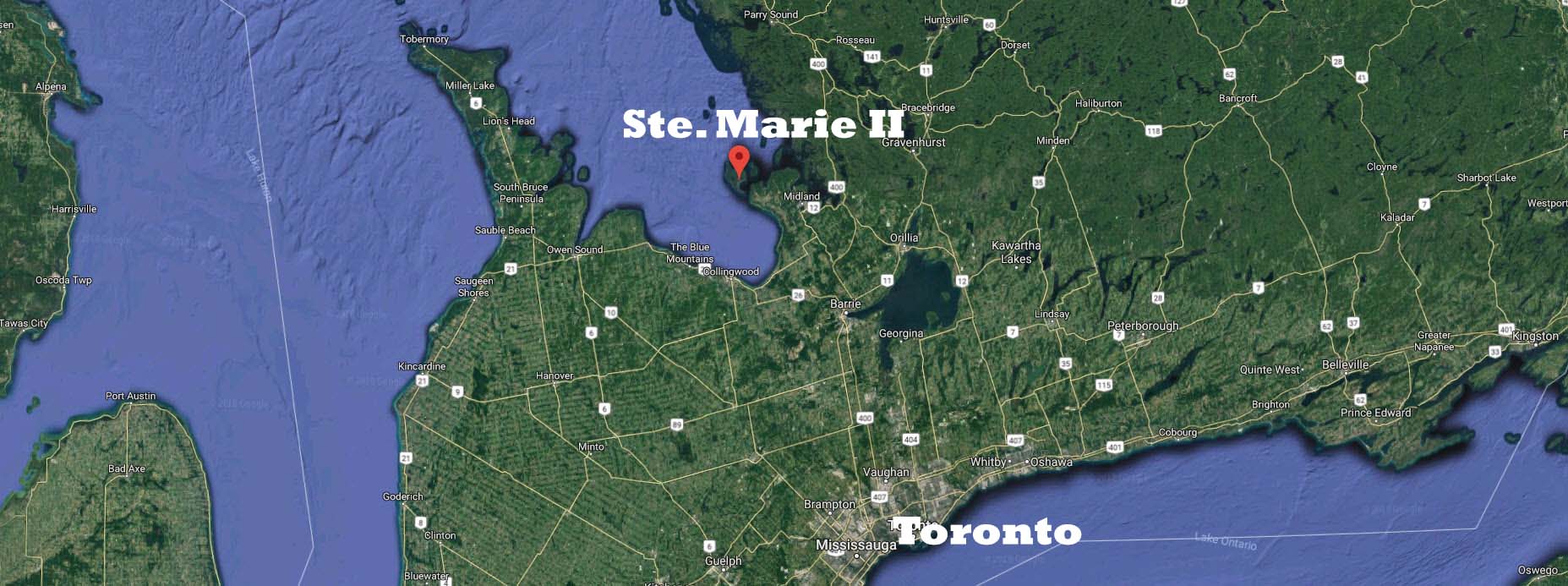 Colour google map of Southern Ontario with Ste Marie II and Toronto outlined in white letters.