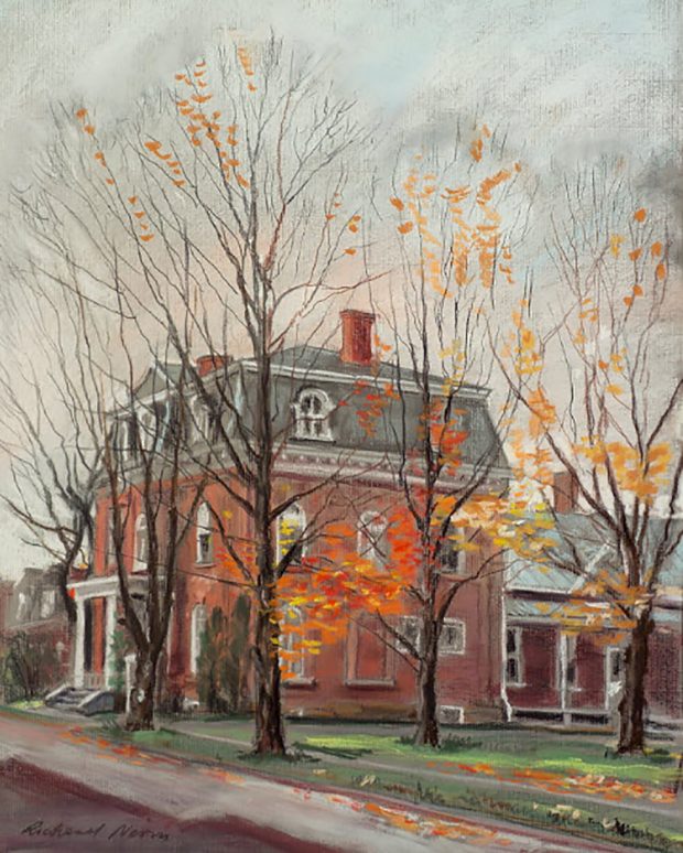 Color painting of a historic red brick building with dormer windows.