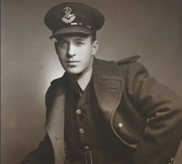 Black and white portrait of a young man (Gerald bruck) in Canadian air force uniform.
