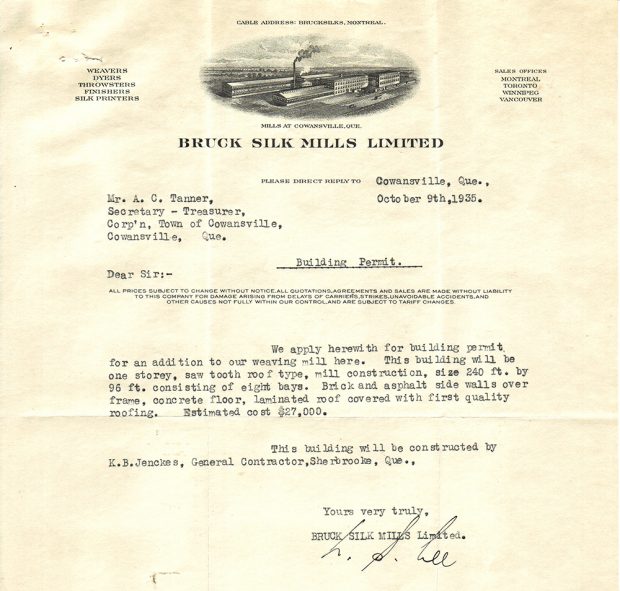 Letter on Bruck factory letterhead requesting a construction permit for the expansion of a weaving mill