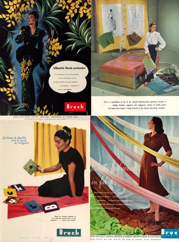 Montage of four cover pages of the fashion magazine Bruck Fabric News in colour.