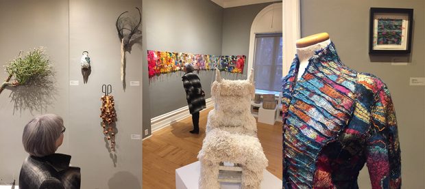 Montage of three images of an exhibition room at the Bruck Museum. In two images, a lady examines the works and in the third image, we see a dress mounted on a wooden mannequin in front of a frame on the wall.