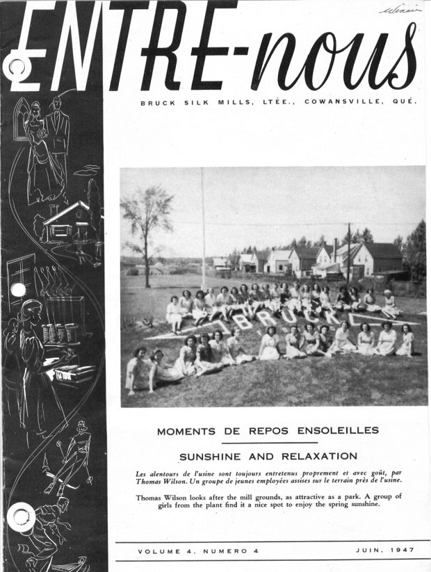 Cover page of the magazine Entre-Nous with two rows of workers sitting on the grass around a flower bed that reads Bruck