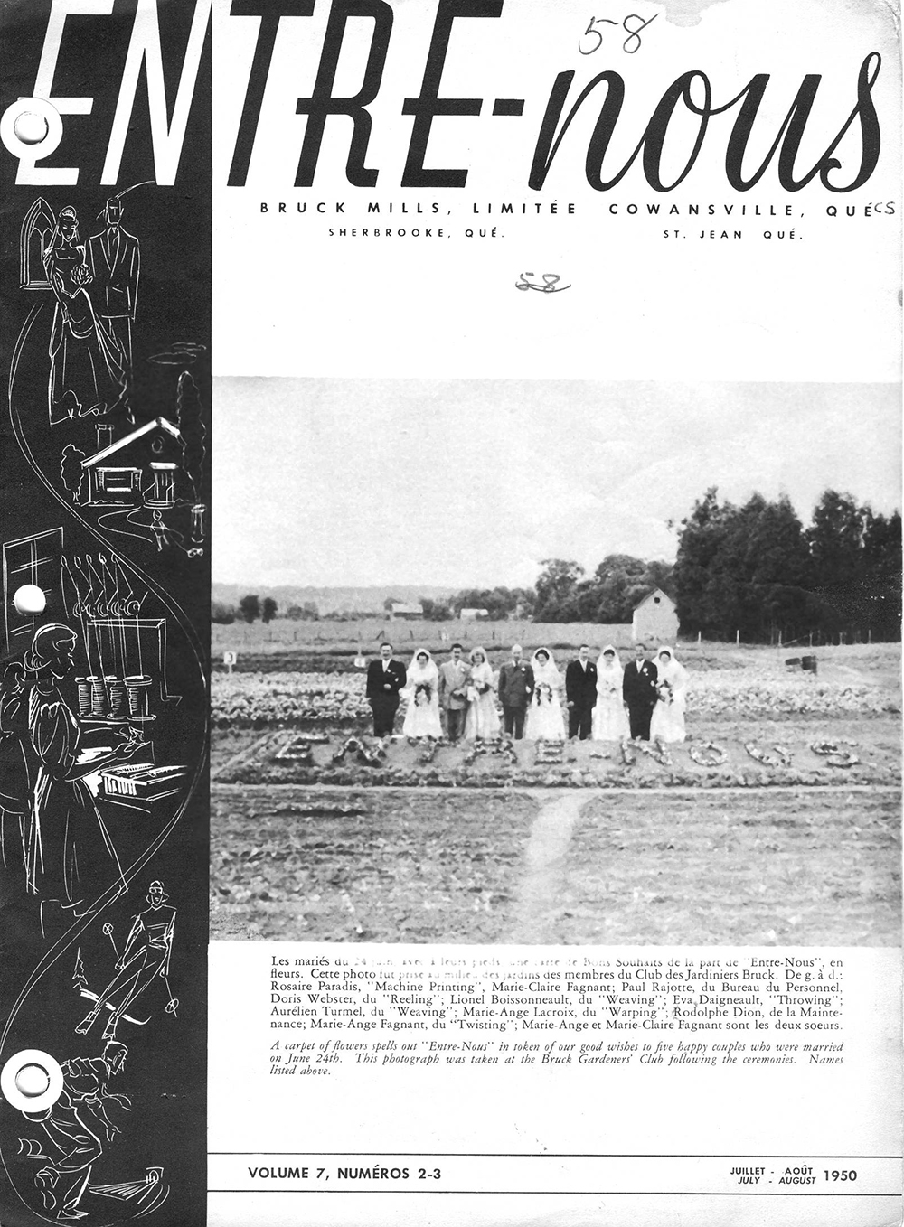 Cover page of Entre-Nous magazine from July-August 1950 with a photo of 5 newlywed couples in front of a flower bed with the words BETWEEN US written with flowers.