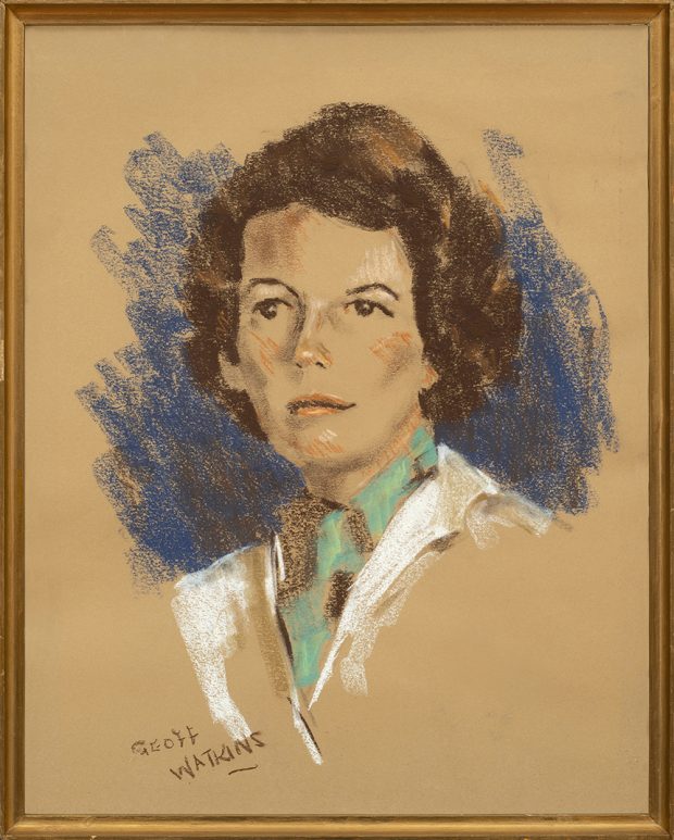 Portrait of a young woman in pastel signed Geof Watkins lower left.