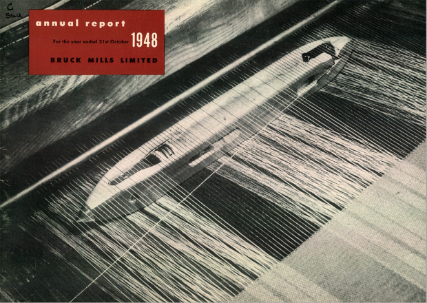 Cover page of the Bruck Mills Limited annual report in 1948 with a photo of a yarn shuttle on a loom.