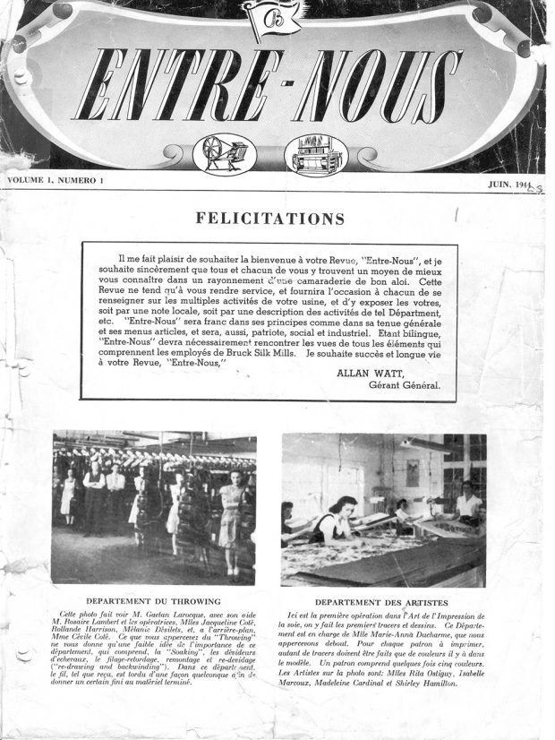 Cover page of Entre-Nous magazine, vol. 1 No 1, June 1944. We see a welcome note from the director and a photo of the throwing department and the artists' department.