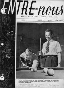 Cover page of Entre-Nous magazine, Vol. 5 no 3, March 1948 with a photo of 2 men playing billiards.