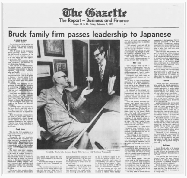 Newspaper clipping from the Gazette in 1975 with a headline saying that the Bruck family sells the company to Japanese, with a photo of Mr. Bruck and a Japanese.