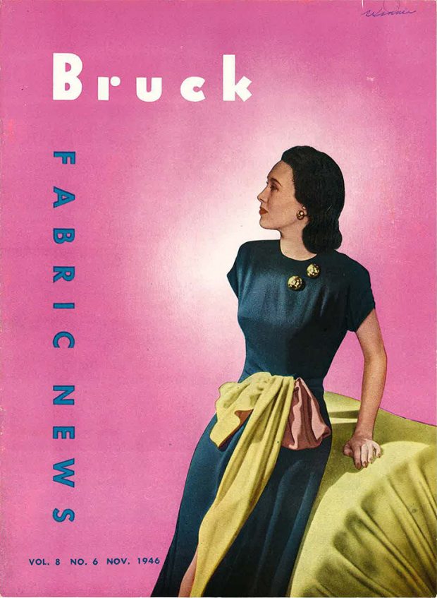 ColoFront cover of Bruck Fabric News magazine in 1946, depicting an elegantly dressed woman leaning on an armchair against a pink background r cover of the magazine Bruck Fabric News in 1946, representing an elegantly dressed woman leaning on an armchair on a pink background.