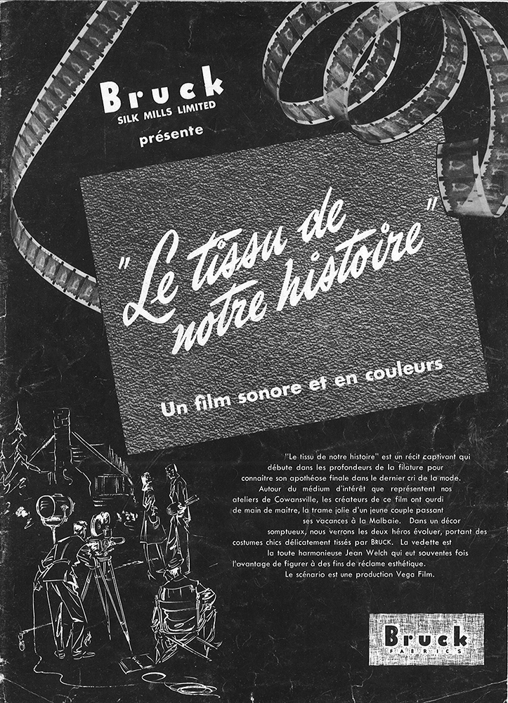 Black and white advertising poster with film strips and title "The fabric of our history"