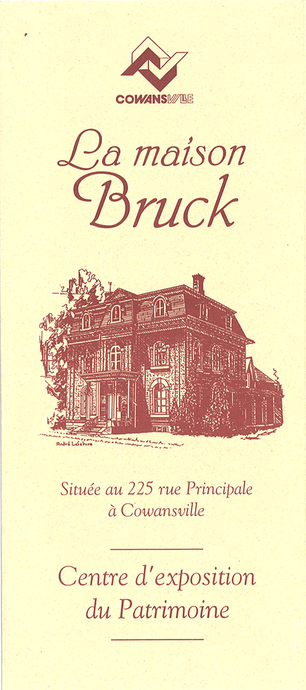 Cover page of a yellow leaflet with a drawing of Maison Bruck.