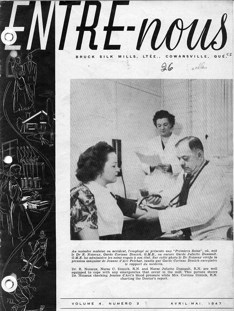 Cover page of Entre-Nous magazine showing a doctor taking pressure from an employee with a nurse in the background.