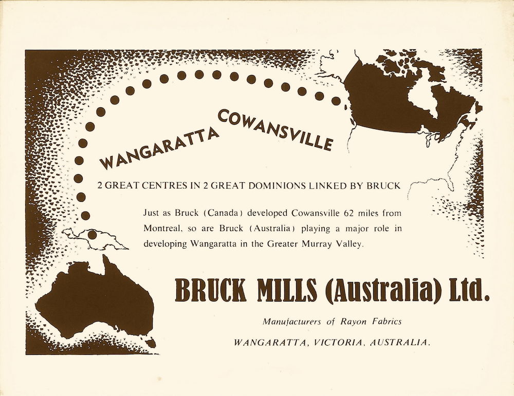 Black and white announcement of Bruck Mills Australia Ltd. with title Wangaratta-Cowansville and text in English promoting the 2 cities connected by dots on a map showing Australia and Quebec.