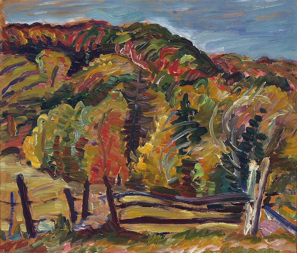 Color painting representing an impressionistic way of an autumn landscape with a fence in the foreground.