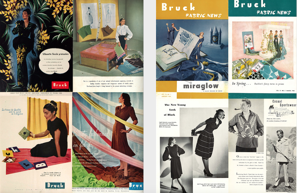 Pages of Fabric News magazine in color and black and white, with models wearing Bruck fabrics.