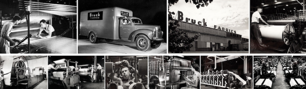 Series of black and white images showing workers operating machinery and a photo of a truck