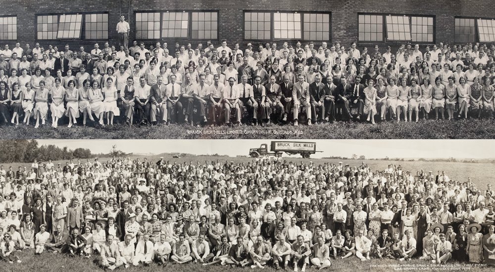 Two superimposed black and white panoramic photos, both showing large groups of people, men and women, looking at the camera.