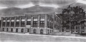 Black and white sketch of a factory building.