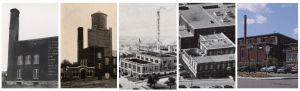 Five photos of a factory building over time.
