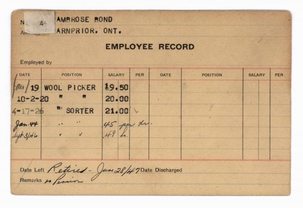 Employment record filled in with pen, pencil, and a type writer.