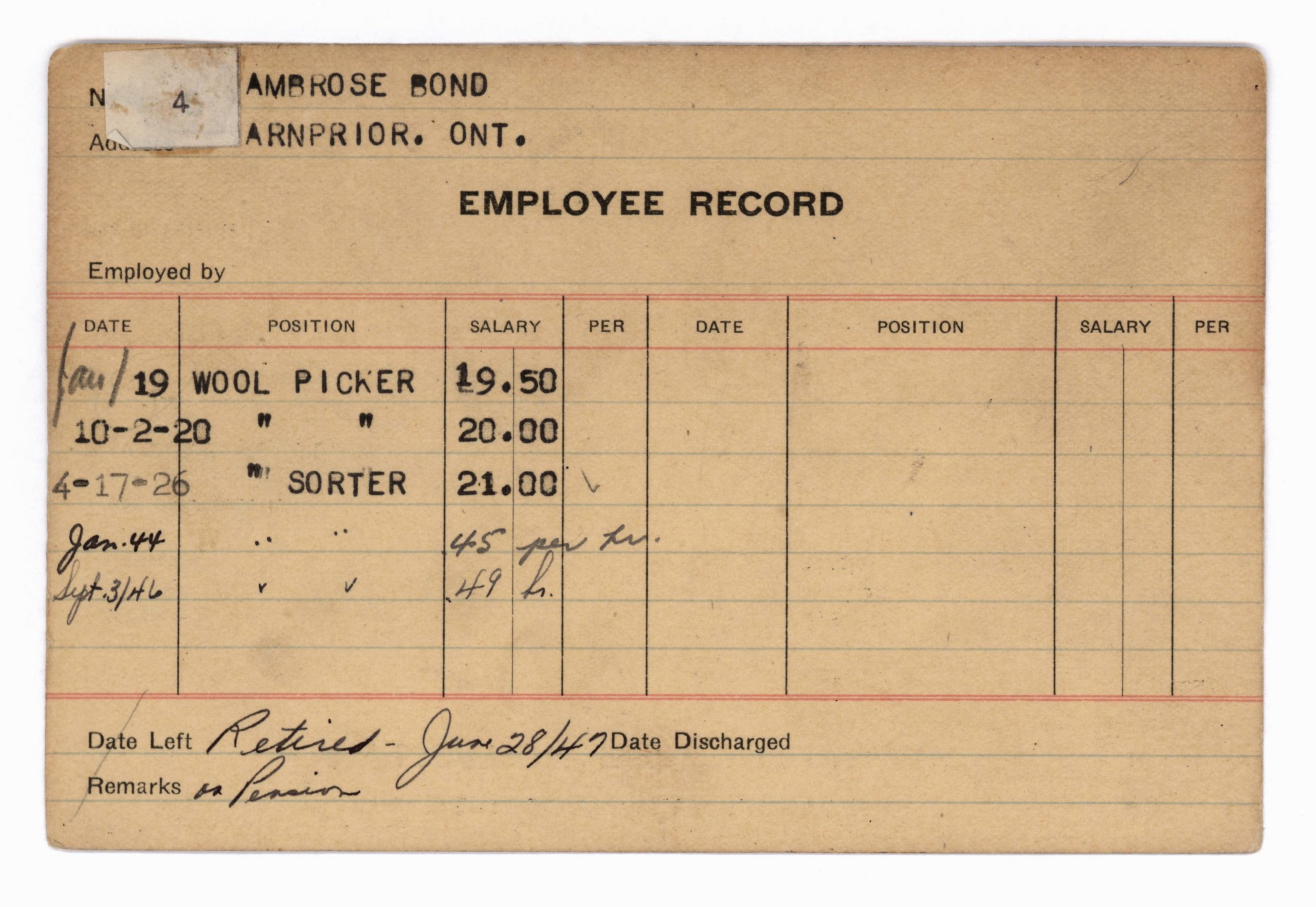 Employment record filled in with pen, pencil, and a type writer.