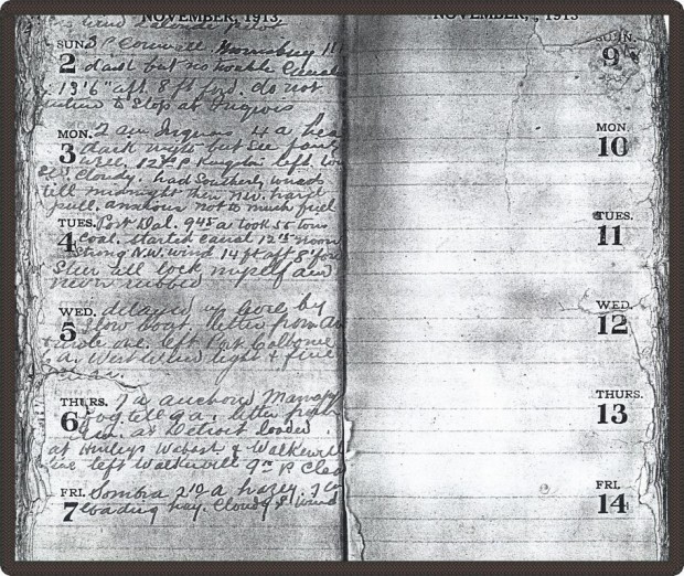 Black and white photo of a page of the captain's diary. The last entry is from November 7, 1913.