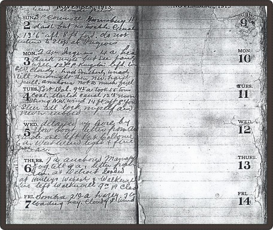 Black and white photo of a page of the captain's diary. The last entry is from November 7, 1913.