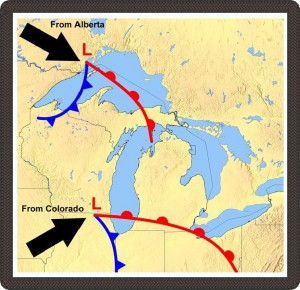 Map of the Great Lakes region that shows the two weather fronts advancing.