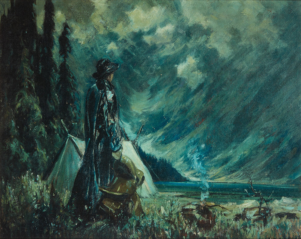 Painting of woman next to tent, campfire and trees, wearing rain wear, holding saddle.