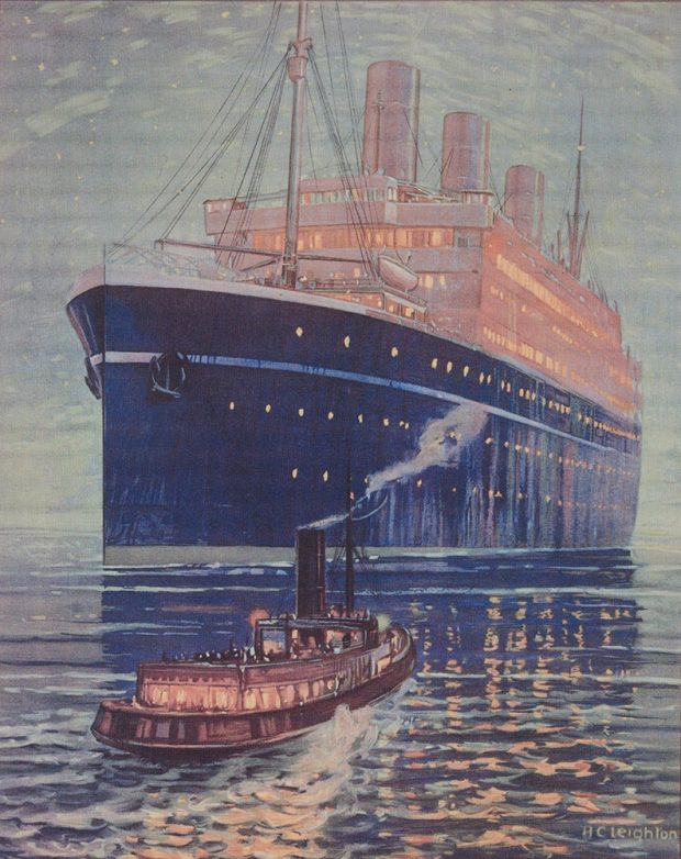 Watercolour painting of ship at night and tug boat moving towards ship.