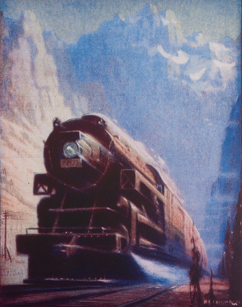 Pastel drawing of a locomotive speeding through mountain landscape.