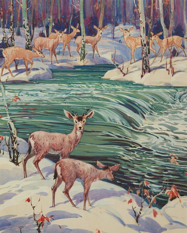 Gouache painting of a herd of deer in a wintery forest on either side of a running river.