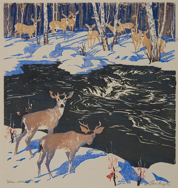 Block print of a herd of deer in a wintery forest on either side of a running river.