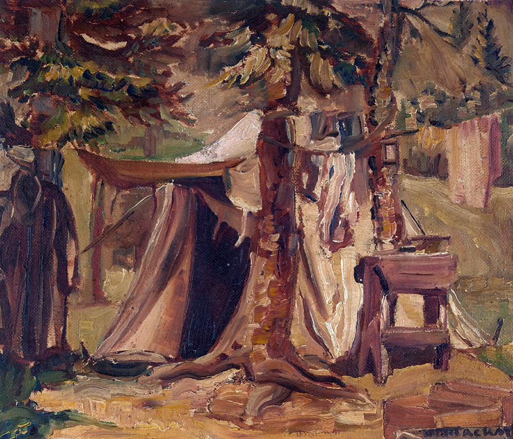 Oil painting of tent between trees and washing hung in distance.